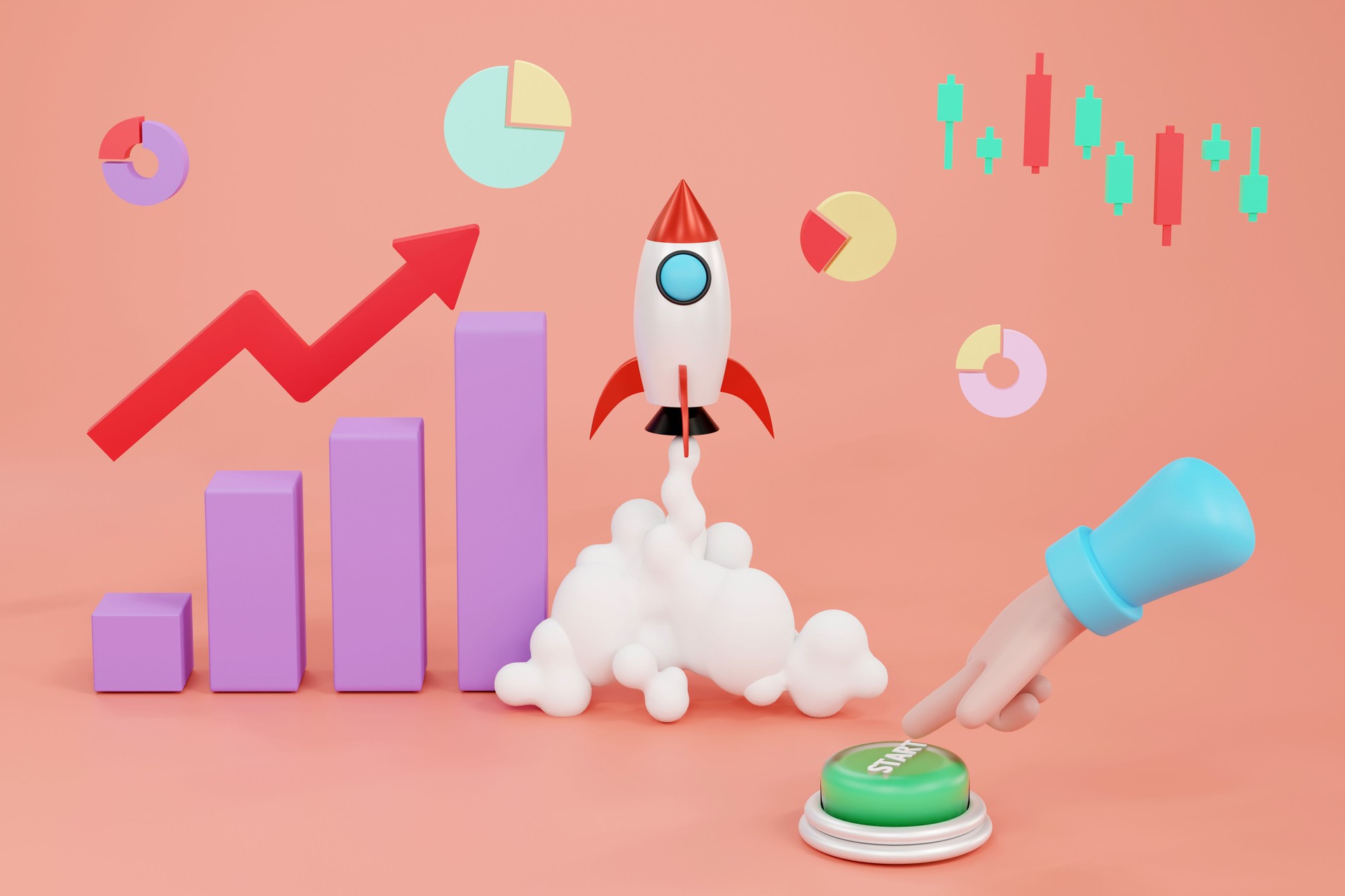 Cartoon hand presses the button and launches a rocket or spacecraft, the concept of a startup