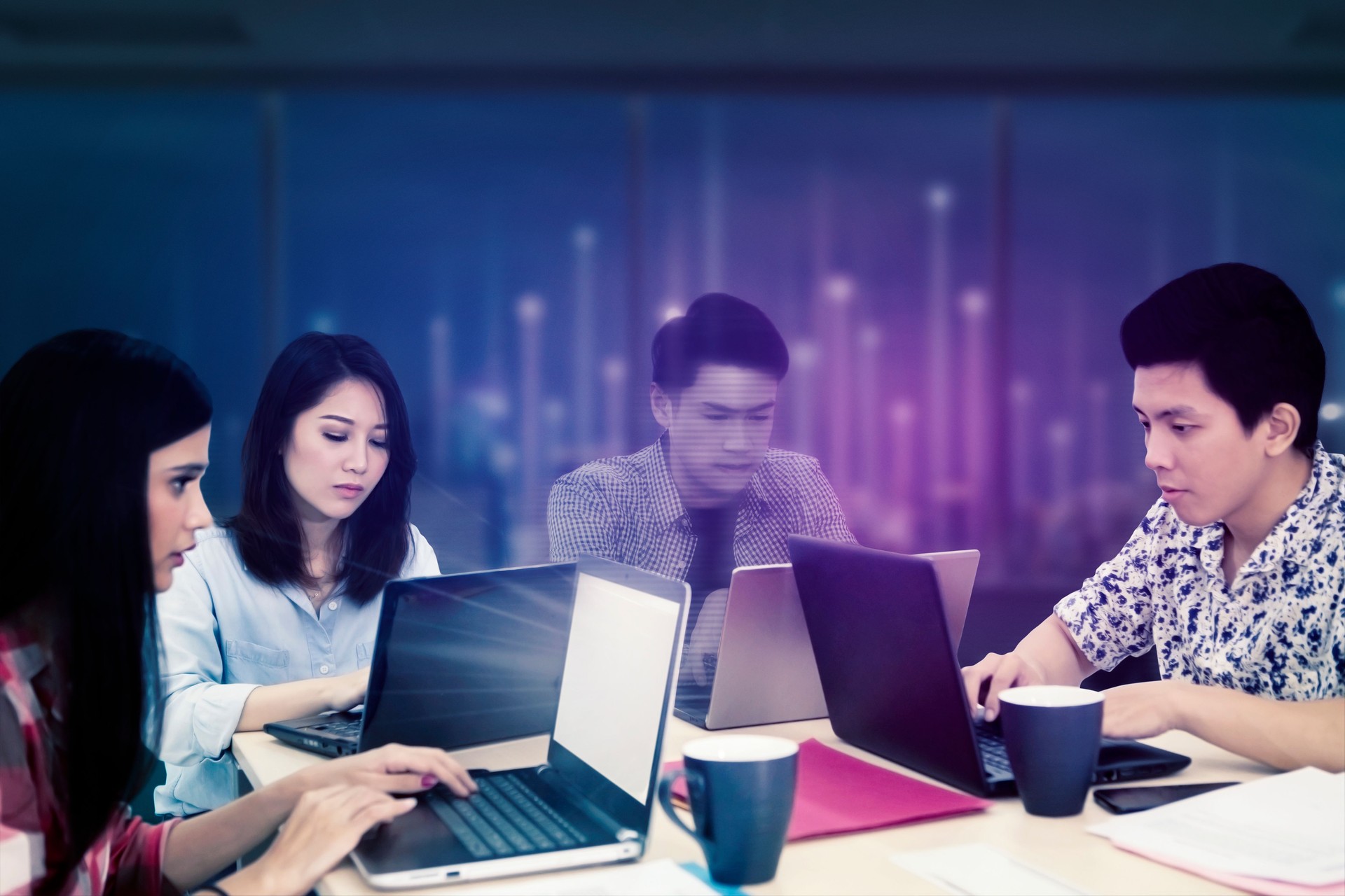 Hologram of a businessman in Future Office Online Meeting Video